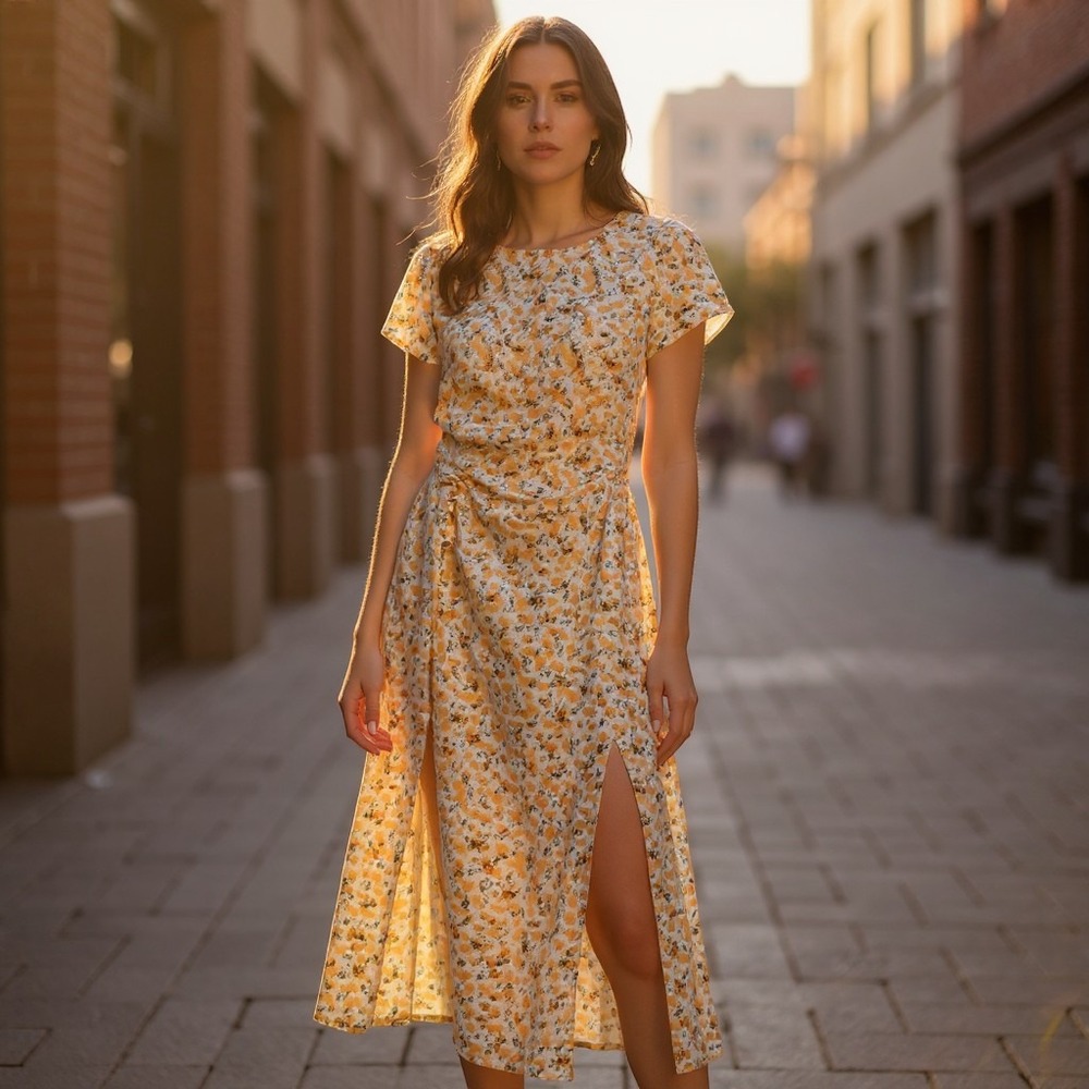 RIHOAS Floral Midi Dress Womens XS Yellow‎ Ruched Short Sleeve Casual Summer
